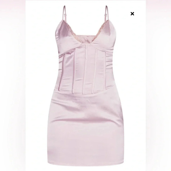 Pretty Little Thing MAUVE SATIN CORSET DETAIL LACE TRIM STRAPPY BODYCON DRESS - Picture 7 of 15